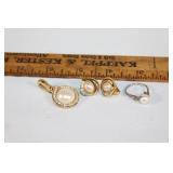 Sterling Pearl Ring; Trifari Costume Set