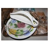 Floral round platter, Gravy boat, crystal sugar