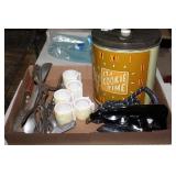 Cookie time tin, GE iron, Kitchen tools etc