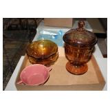 Vintage amber glass covered dish, small bowl etc