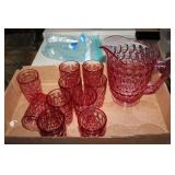 Vintage Pink honeycomb? pitcher and glasses