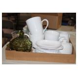 All white coffee mugs,Green glass covered dish etc
