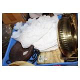Large household lot-linen, baskets, brass bowl etc