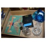 vintage stamp set, bell, blue glass basket etc.