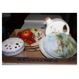 Stoneware flower frog, pitcher, plates