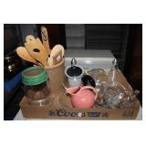Small crock, wooden kitchen utensils, etc