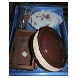 Metal lids, vintage plates, wooden wagon