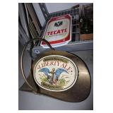 Brass log holder, Tecate beer sign, Liberty ale
