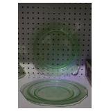 Two green vaseline glass platters