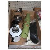 Vintage plastic tumblers, Enamel tea pot, etc.