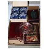 Pink glass pedestal dish, Crystal nakpin rings-etc