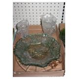 Green glass tray, pink tray, vintage small pitcher