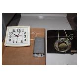 Two vintage clocks, vintage fire alarm