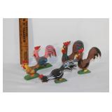 Five Folk Art style wooden chickens signed