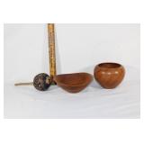 Two handcarved signed bowls,Carved gourd rattle