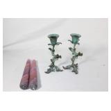 Pair Brass Flower Candle Holders, Beehive Candles