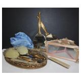 Vintage vanity set-Brushes, mirror, tray, box