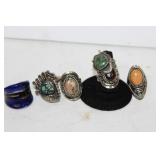 Lot of 6 Silver? rings-one glass-various sizes