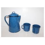BlueSpeckle Enamelware Cowboy style coffeepot mugs