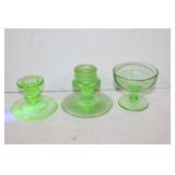 Three pieces of green vaseline glass