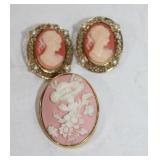pair of cameo pierced earrings-cameo flower brooch