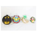 Trio of Glass Ornaments, Batman, Wonder Woman, etc