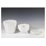 Trio of Hobnail Milk Glass, Plate, Footed Vase et.