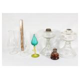 Two glass oil lamp bases,two globes,glass oil lamp