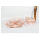 Pink glass plate with handles,frosted glass