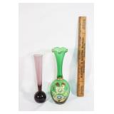 2 VTG glass bud vases-green with flower/purple