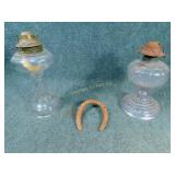 Pair of Antique Oil Lamps & Horse Shoe