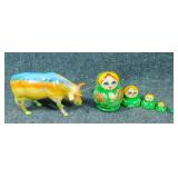 Ceramic Cow Figurine and Nesting Dolls