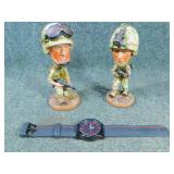 2 Military Bobble Heads & Watch