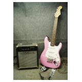 Pink Squire Mini Electric Guitar and Amp