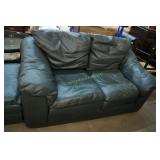 Green Leather Love Seat w/ 2 Ottomans