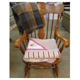 Oak Rocking Chair With Blanket and Quilt