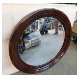 Large Round Beveled Mirror in Wood Frame