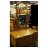 Antique Blond Wood Three Drawer Dresser w/Mirror