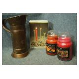 Candle Holders, Candles & Brass Pitcher