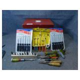 Wood Toolbox with Misc Tools & Metal Clipboards