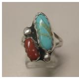 Sterling Silver Turquoise & Coral SW Ring