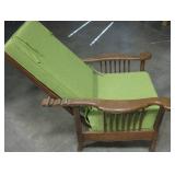 Vintage Reclining Wood Chair With Green Cushions