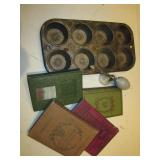 4 Antique Books, Vtg Atomizer & Vtg Muffin Pan