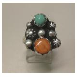 Sterling Silver Turquoise & Coral SW Ring