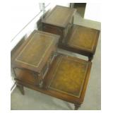 2 Vtg Leather & Wood 2-Tier Step Tables w/ Doors