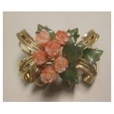 14KT Gold Filled Jade & Coral Brooch