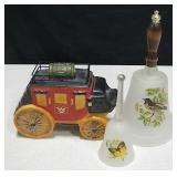 2 Glass Bells & Vtg Ceramic Stagecoach Coin Bank