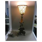 Vtg Brass Lamp w/ Stained Glass Shade - 22.5"
