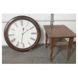 Large Wood Clock And Side Table lot As is