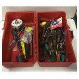 Red Toolbox With Tools And Fishing Treble Hooks